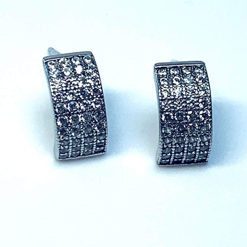 Vintage Sterling Silver Petite Pave Cubic Zirconia Half Hoop Post Earrings